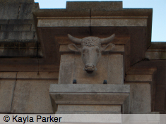 photo of carving of horned cattle head, right side of entrance to Royal William Yard