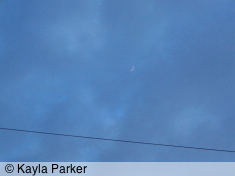 Kayla's photo of the new crescent moon, taken a few seconds later, the moon keeps disappearing into a swirl of cloud from the west