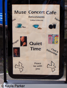 Photo of sign outside the open door to Teignmouth church; sign says 