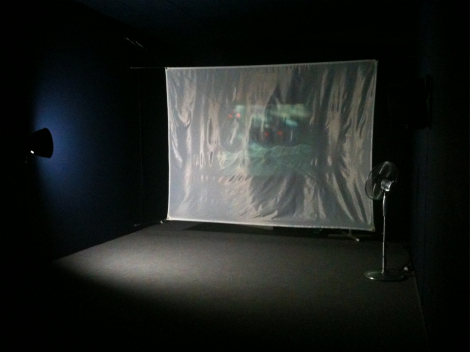 Kayla's photo of installation interior with light, projected image on fluttering screen and fan