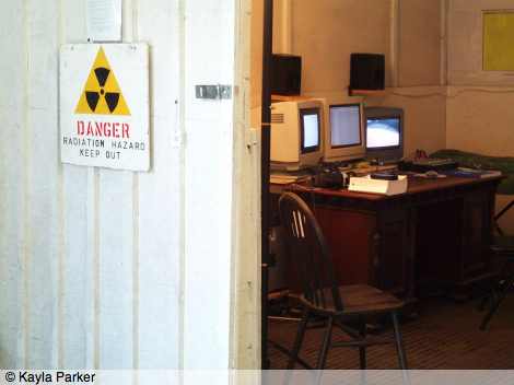 Kayla's photo of the edit suite in Michelcombe showing the sliding door and interior of the old x-ray chamber, used for horses when the barn was an equine clinic
