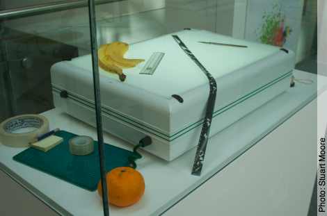 Photo of lightbox with 16mm film-drawing scroll and artefacts in glass cabinet